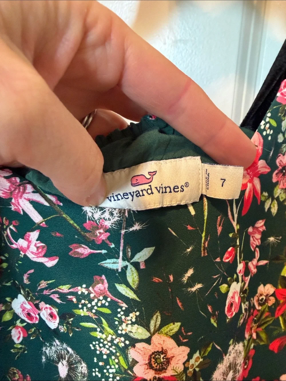Vineyard Vines Dark Green Floral Dress with Velvet Tie Straps